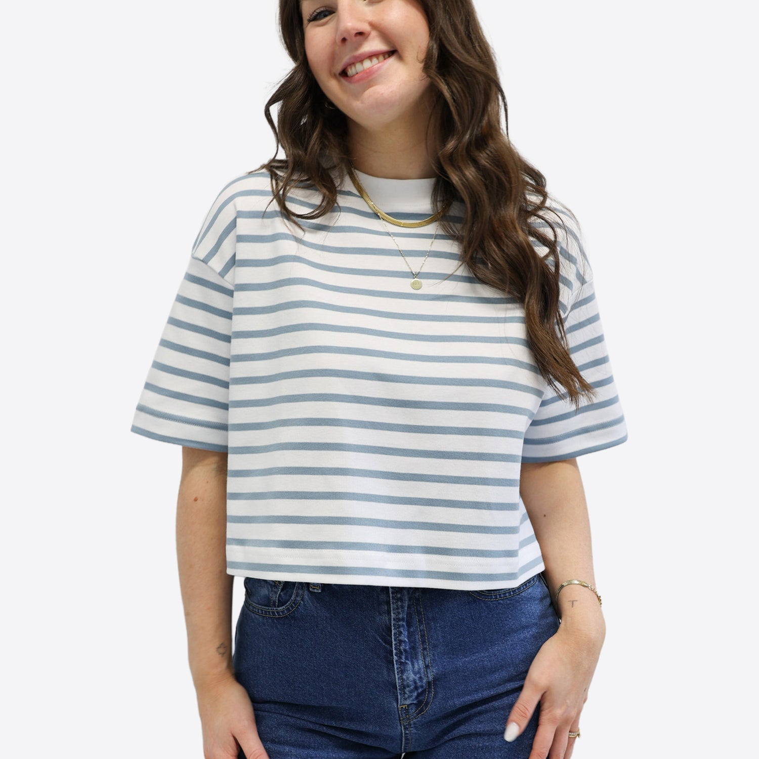 Crop T-Shirt mit Streifen - Blau