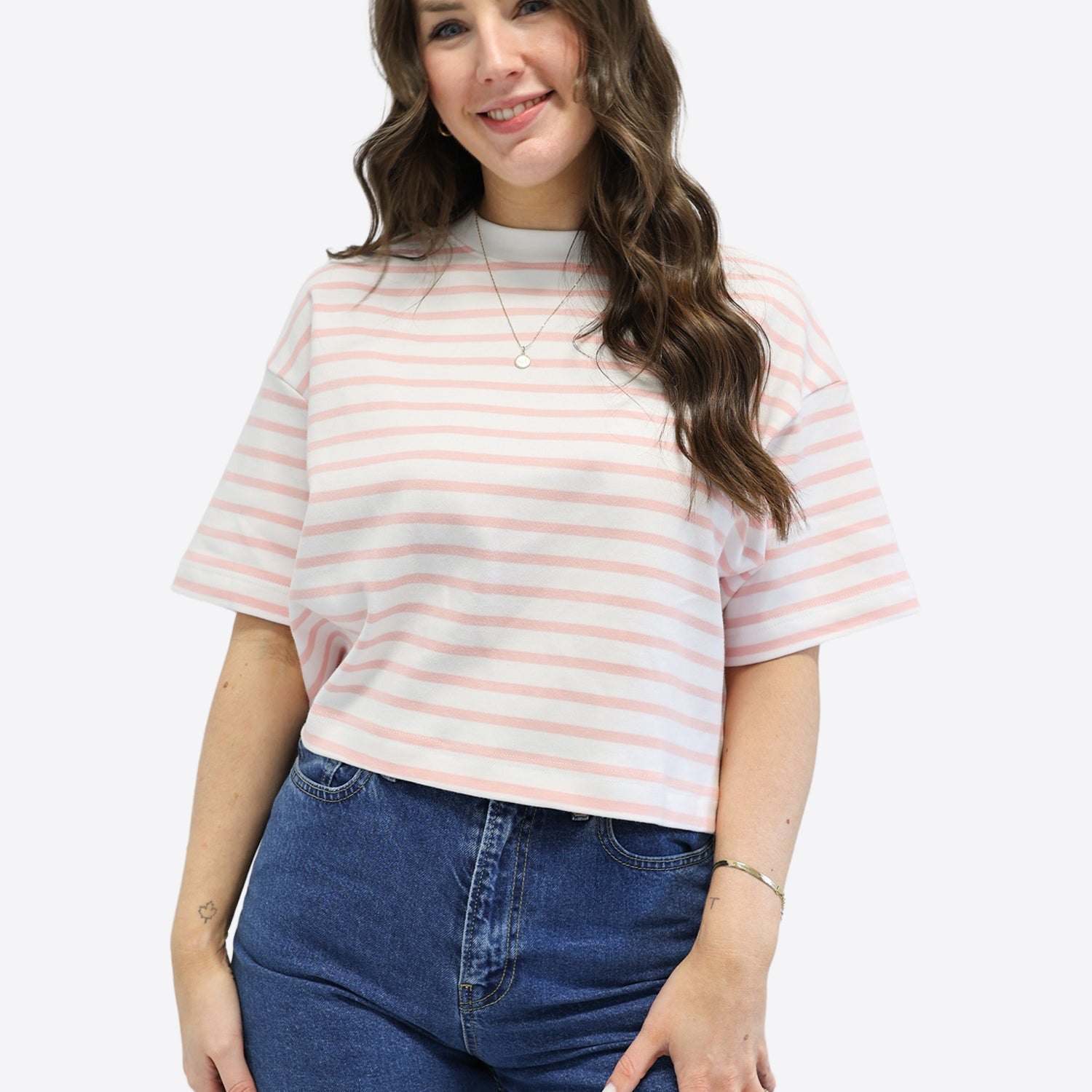 Crop T-Shirt mit Streifen - Rosa