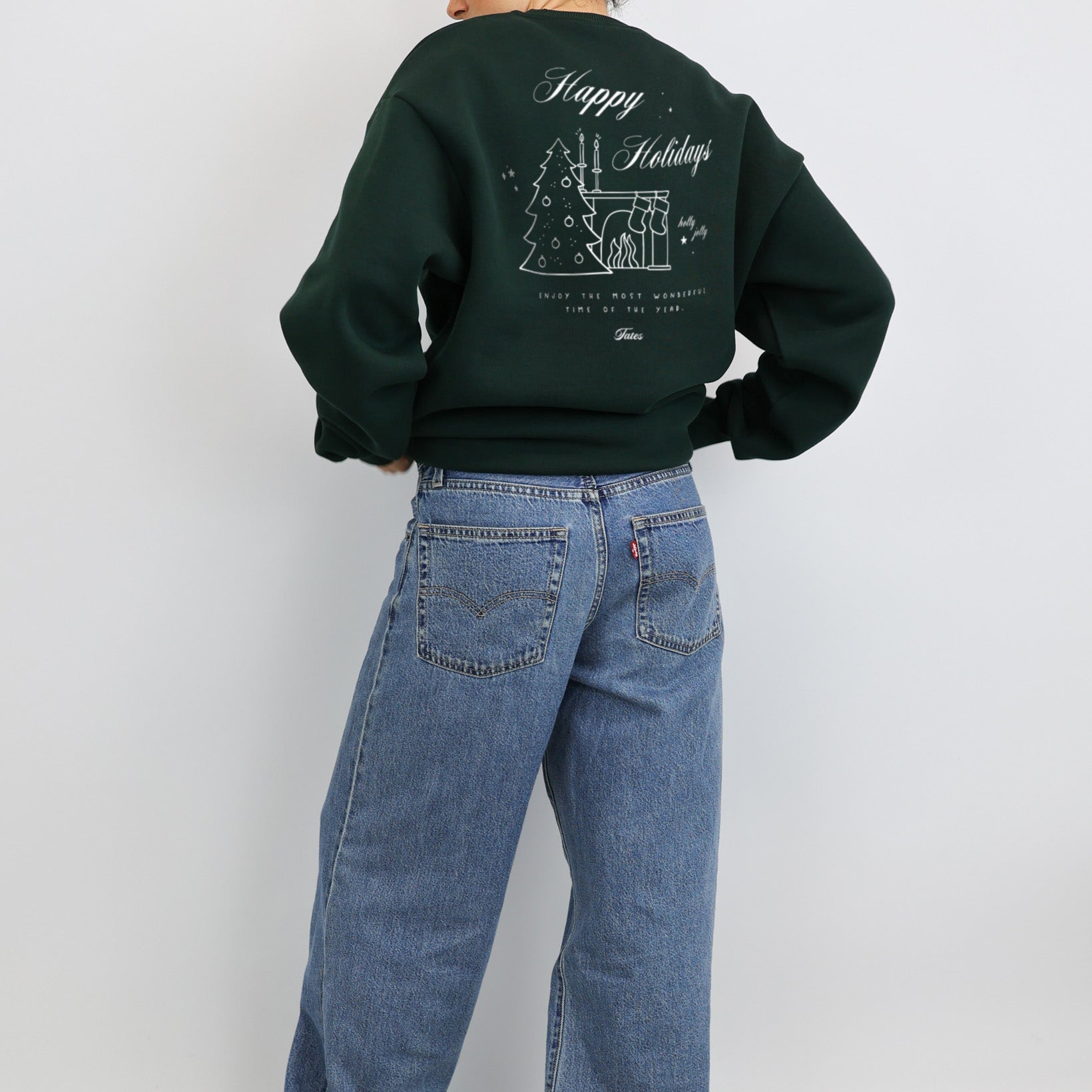 Original Regular Waistband Sweater "Happy Holidays" – Pine Green