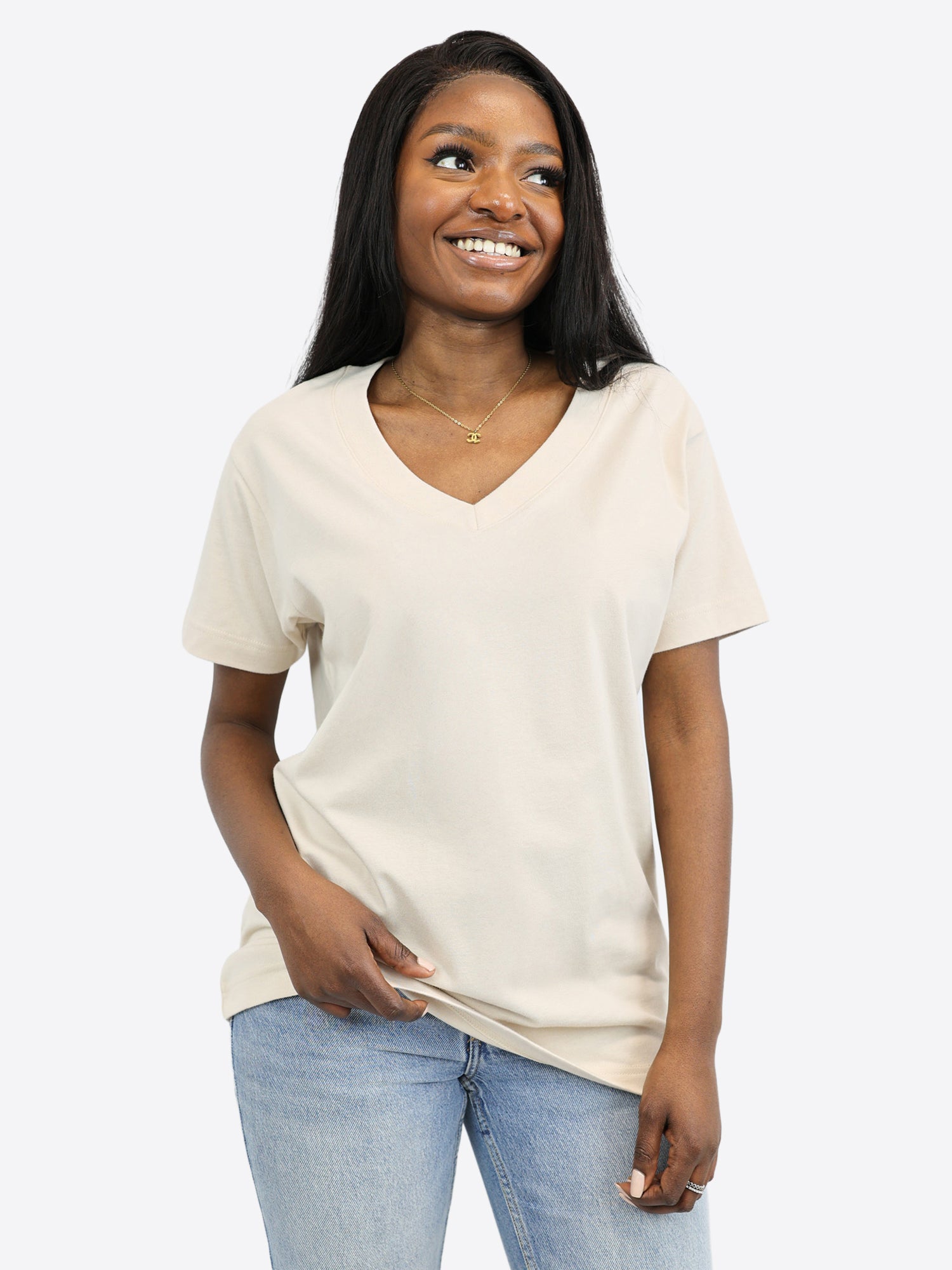 V-Ausschnitt T-Shirt – Beige
